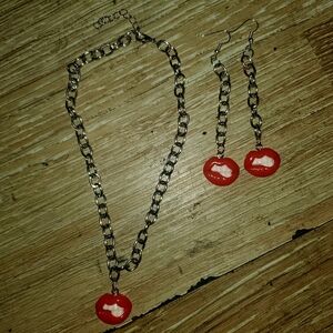 Red Lip Pendant Necklace & Earrings Set - Women Jewelry